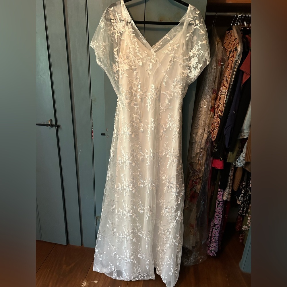 Cream Flutter Sleeve V-Neck Wedding Gown